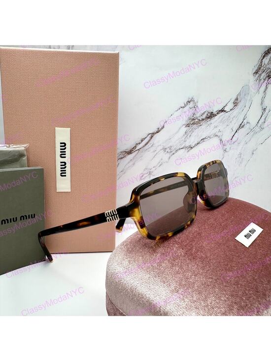 New MIU MIU Sunglasses Brown Square Tortoise Rectangular Gold Logo Authentic main image 13